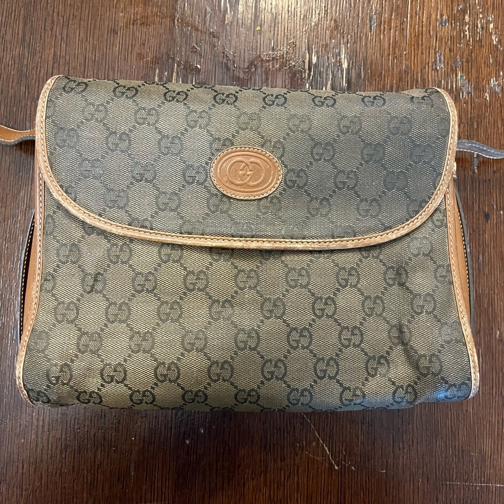 Vintage Gucci small Crossbody canvas tote bag. Brown w/ brown leather accents.
